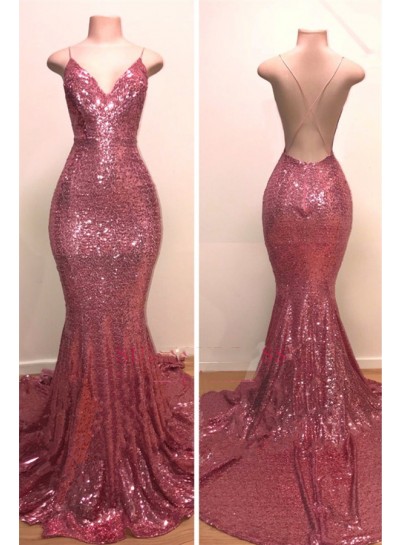 2024 Mermaid Pink Sequence Halter Backless V Neck Prom Dresses