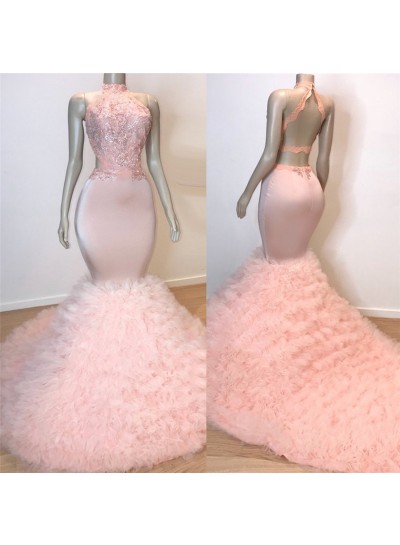 2024 New Arrival Mermaid Backless Tulle Pink High Neck Lace Prom Dresses