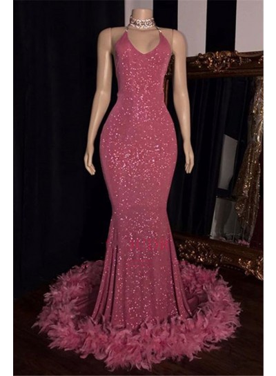 2024 Charming Mermaid Hot Pink Sequence With Feathers Halter Backless Prom Dresses