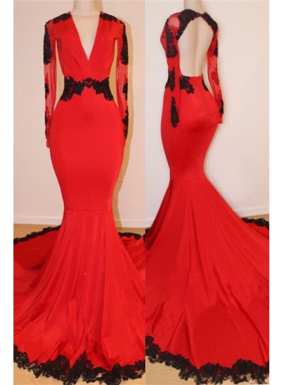 Red With Black Appliques V Neck Long Sleeves 2024 Prom Dresses