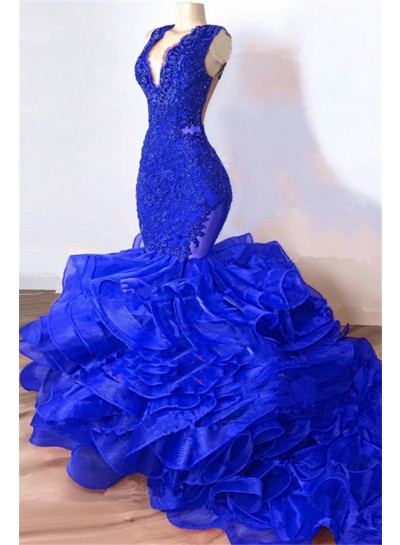 2024 Royal Blue Mermaid V Neck Organza Layered Lace Long Prom Dresses