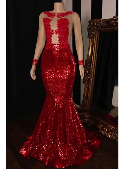 2024 Elegant Red Mermaid Sequence Long Sleeves Scoop See Through Prom Dresses