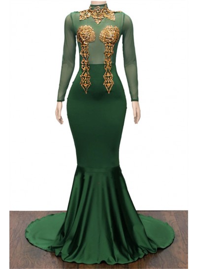 2024 Charming Hunter Long Sleeves High Neck Gold Appliques Prom Dresses