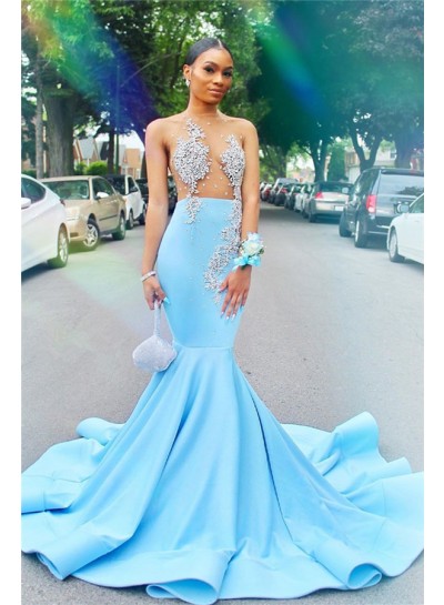 2024 Charming Satin Blue Beaded Long See Through Long Prom Dresses