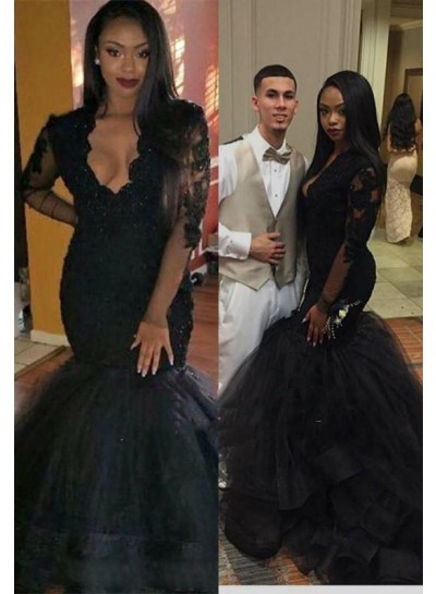 Sexy Black Long Sleeves Mermaid Open Front Tulle Prom Dresses 2024