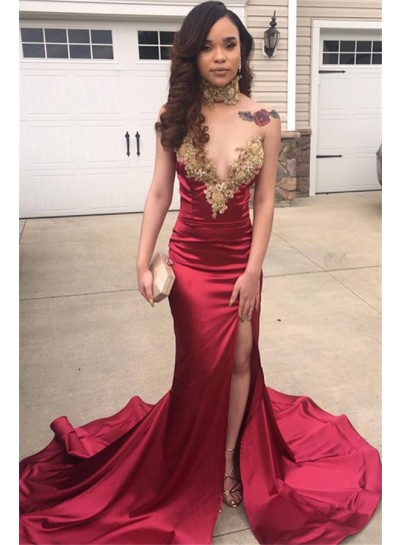 2024 Charming Burgundy Elastic Satin Side Slit Sweetheart With Gold Appliques Prom Dresses