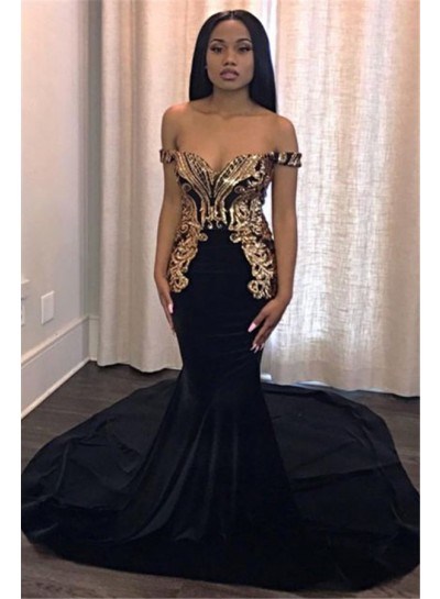 2024 Sexy Mermaid Black Off Shoulder Sweetheart Satin Gold Lace Prom Dresses