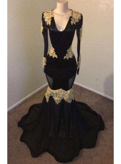2024 Sexy Black Mermaid Long Sleeves V Neck With Gold Appliques Prom Dresses