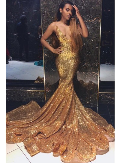 2024 Sexy Mermaid Gold Deep V Neck Sequence Long Prom Dresses