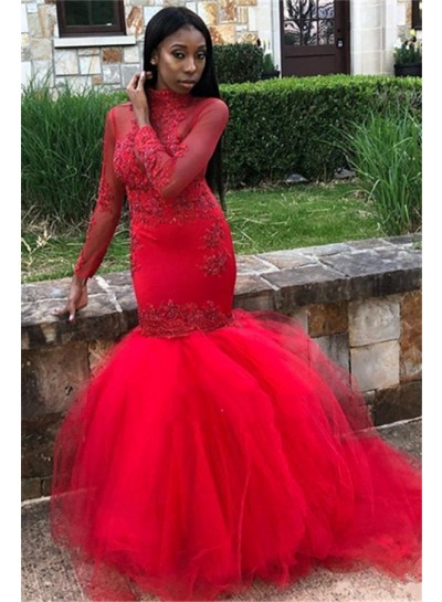 Mermaid Red Long Sleeves See Through High Neck Prom Dresses 2024 With Appliques