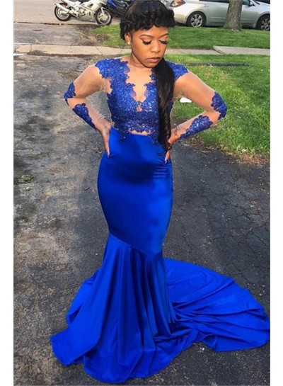 Royal Blue Mermaid Long Sleeves Elastic Satin New 2024 Prom Dresses