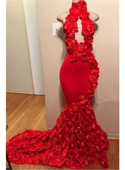 Sexy Red Mermaid High Neck Rose Open Front Backless Prom Dresses 2024