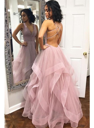 A Line Tulle Backless Dusty Rose V Neck Prom Dresses 2024
