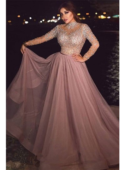 Charming A Line Dusty Rose Tulle Long Sleeves Beaded High Neck Prom Dresses 2024