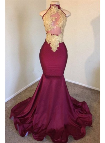 Charming Satin Mermaid Burgundy With Gold Appliques High Neck Prom Dresses 2024