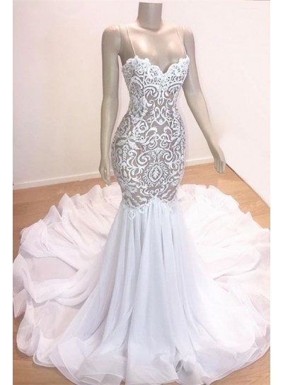 2024 Sexy Mermaid Sweetheart White Chiffon Lace Spaghetti Straps Prom Dresses