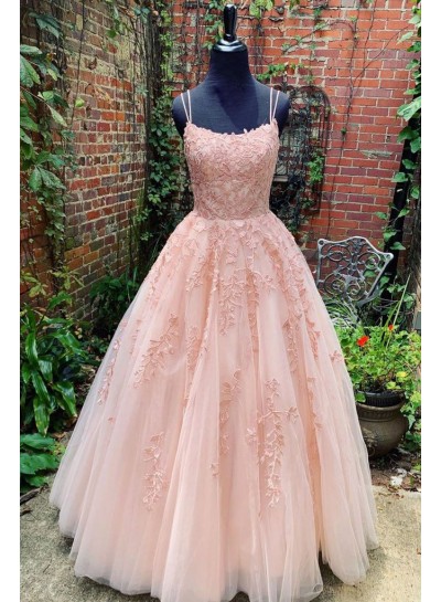 2024 New Arrival Tulle Blush Pink Ball Gown Prom Dresses With Appliques Lace Up 