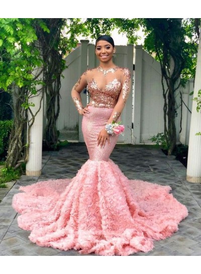 Sexy Mermaid Pink Long Sleeves Beaded Rose Floral Sequence Long 2024 Prom Dresses