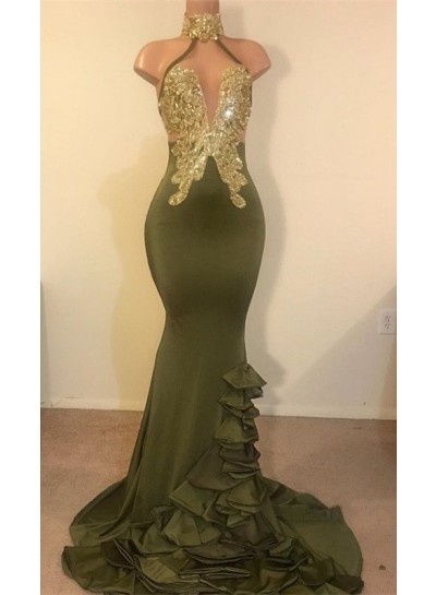 2024 New Arrival Mermaid High Neck Beaded Green Ruch Backless Prom Dresses