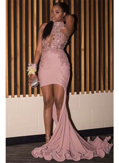 Charming Dusty Rose High Low High Neck See Through Sheath Prom Dresses With Appliques 2024