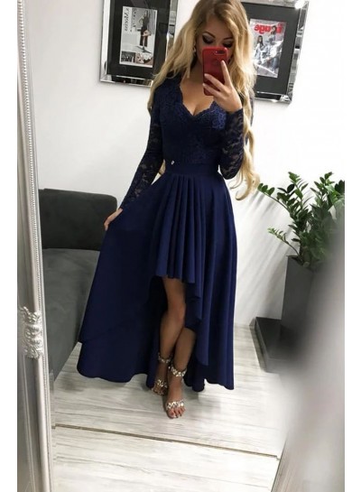 2024 Dark Navy A Line Long Sleeves Lace High Low Prom Dresses