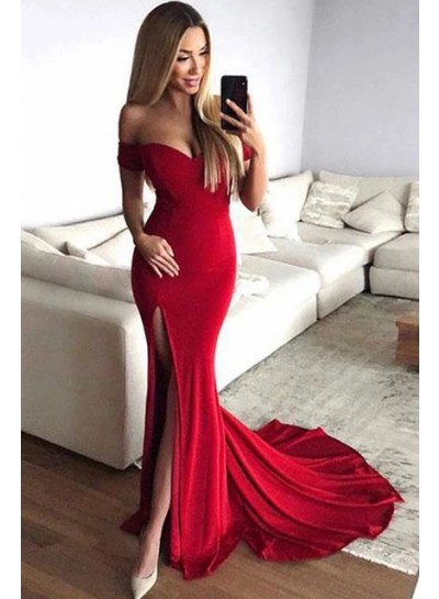 Sexy Red Off Shoulder Sheath Sweetheart Side Slit 2024 Prom Dresses