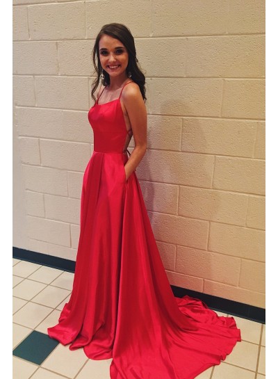 Charming A Line Elastic Satin Red Backless Lace Up Back Halter 2024 Prom Dresses