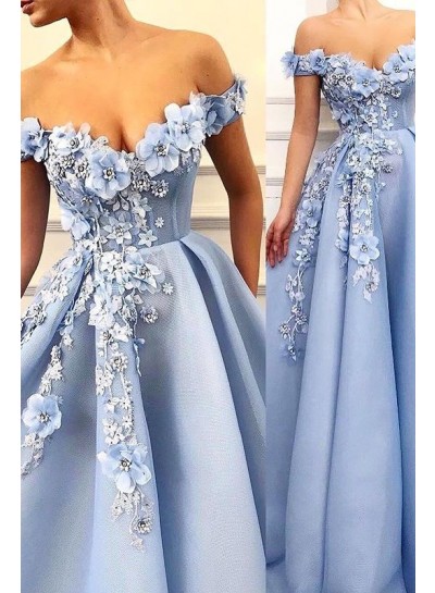 A Line Satin Blue Sweetheart Floral Patterns Long Prom Dresses 2024