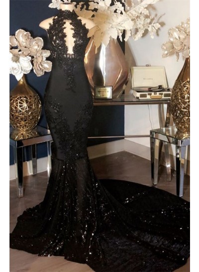 2024 Designer Black Mermaid High Neck Sequence Open Front Long Prom Dresses