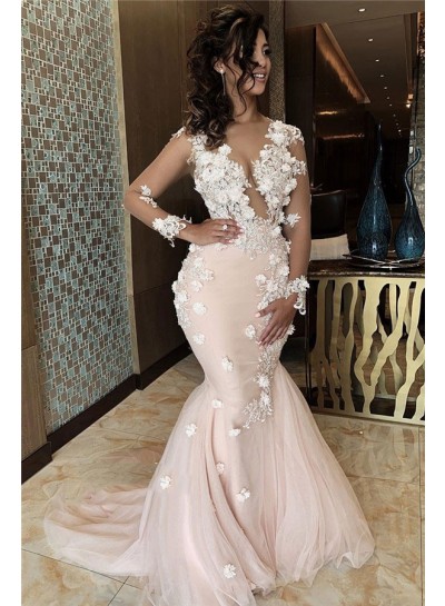Charming Pearl Pink Tulle Long Sleeves Floral Backless Prom Dresses 2024