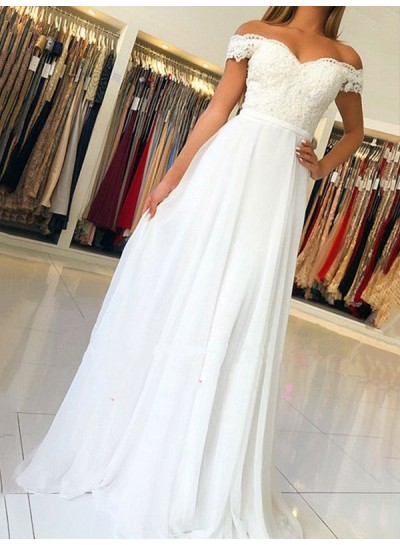 New Arrival A Line White Sweetheart Off Shoulder Chiffon Appliques Prom Dresses 2024