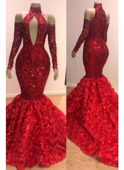 Charming Mermaid High Neck Red Long Sleeves Hollow Out Open Front Lace Prom Dresses 2024