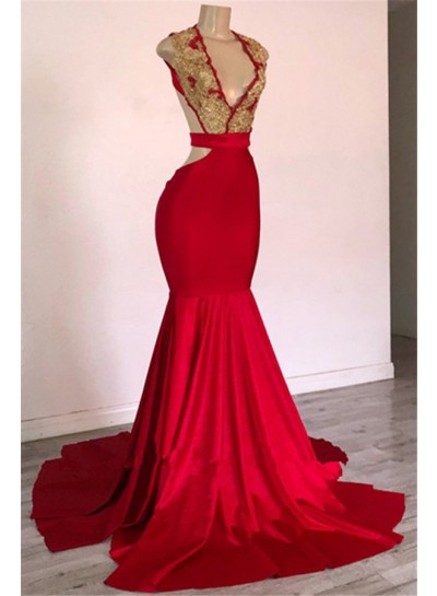 2024 New Arrival Mermaid Red V Neck Backless Gold Appliques Prom Dresses