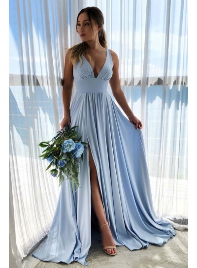 A Line V Neck Side Slit Blue Pleated Empire Prom Dresses 2024