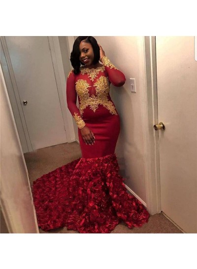 Sexy Red Long Sleeves Mermaid Rose With Gold Appliques 2024 Prom Dresses
