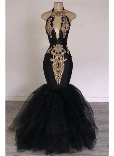 Sexy Black Mermaid Tulle With Gold Appliques V Neck Backless Prom Dresses 2024