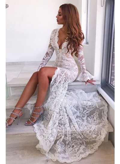2024 Charming White Mermaid Sweetheart Long Sleeves Lace Prom Dresses