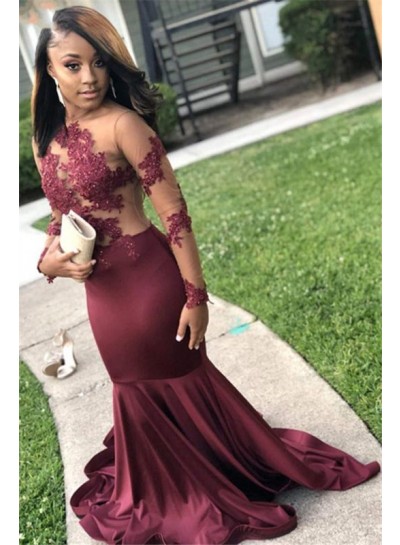 2024 Sexy Burgundy Mermaid See Through Backless Prom Dresses