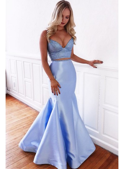Sexy Mermaid Satin Blue Lace Up Back Sweetheart Two Pieces 2024 Prom Dresses