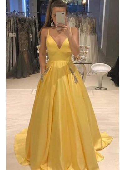 Elegant A Line Satin Sweetheart Daffodil Beaded Prom Dresses With Pockets 2024