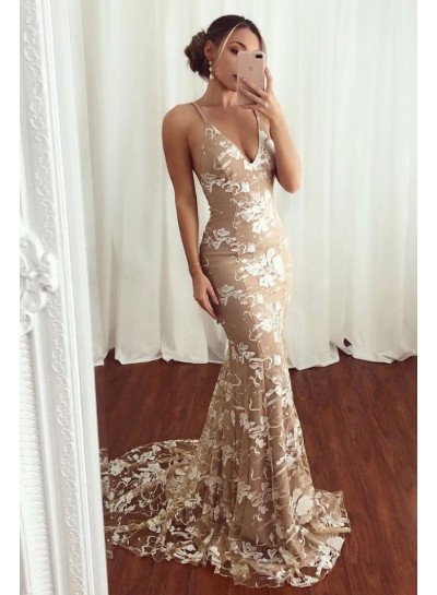 2024 Charming Champagne V Neck Lace Backless Lace Up Prom Dresses