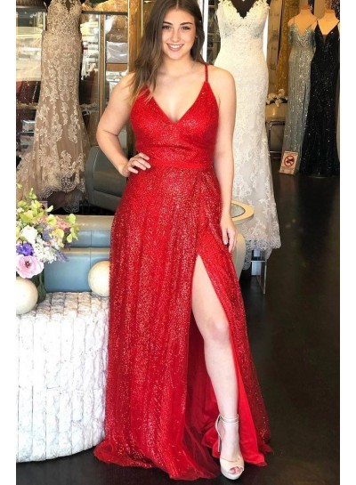 A Line Red V Neck Side Slit Backless Halter Lace Prom Dresses 2024
