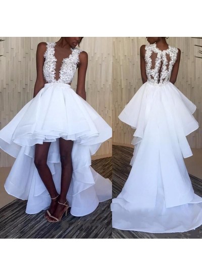 A Line White High Low Tulle Organza Appliques Short Wedding Dresses 2024