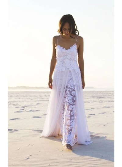 A Line Side Slit Side Spaghetti Straps Backless Beach Wedding Dresses 2024