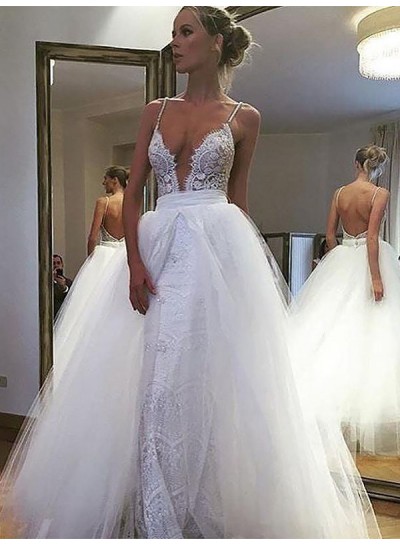 Spaghetti Straps White Sweetheart Lace With Detachable Train Tulle Backless Wedding Dresses