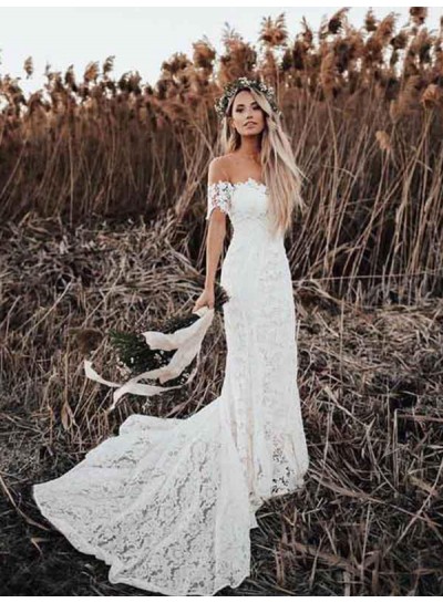 Off Shoulder Lace Long Train Sweetheart Out Door 2024 Beach Wedding Dresses