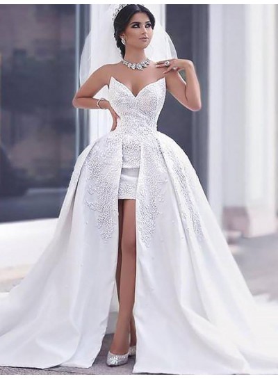 2024 New Arrival A Line Sweetheart Satin Beaded High Low Wedding Dresses