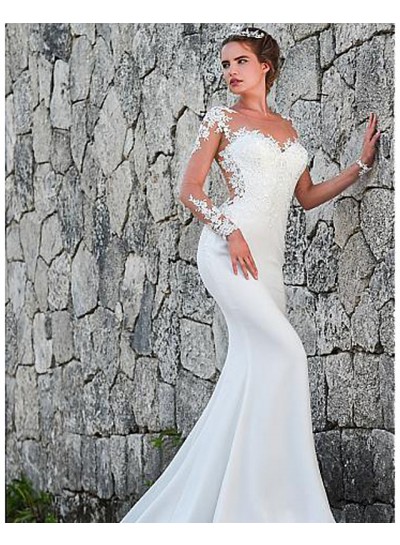 Top Mesh Long Sleeves Elastic Satin With Appliques Sweetheart Wedding Dresses 2024