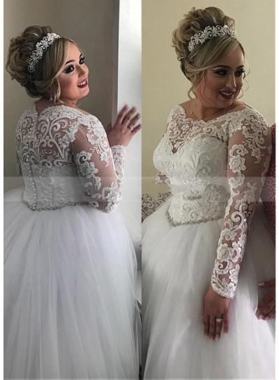 2024 Ball Gown Tulle Long Sleeves Empire Waist Lace Plus Size Wedding Dresses
