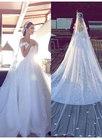 2024 Sweetheart A Line Organza White Off Shoulder Flower Patterns Long Wedding Dresses